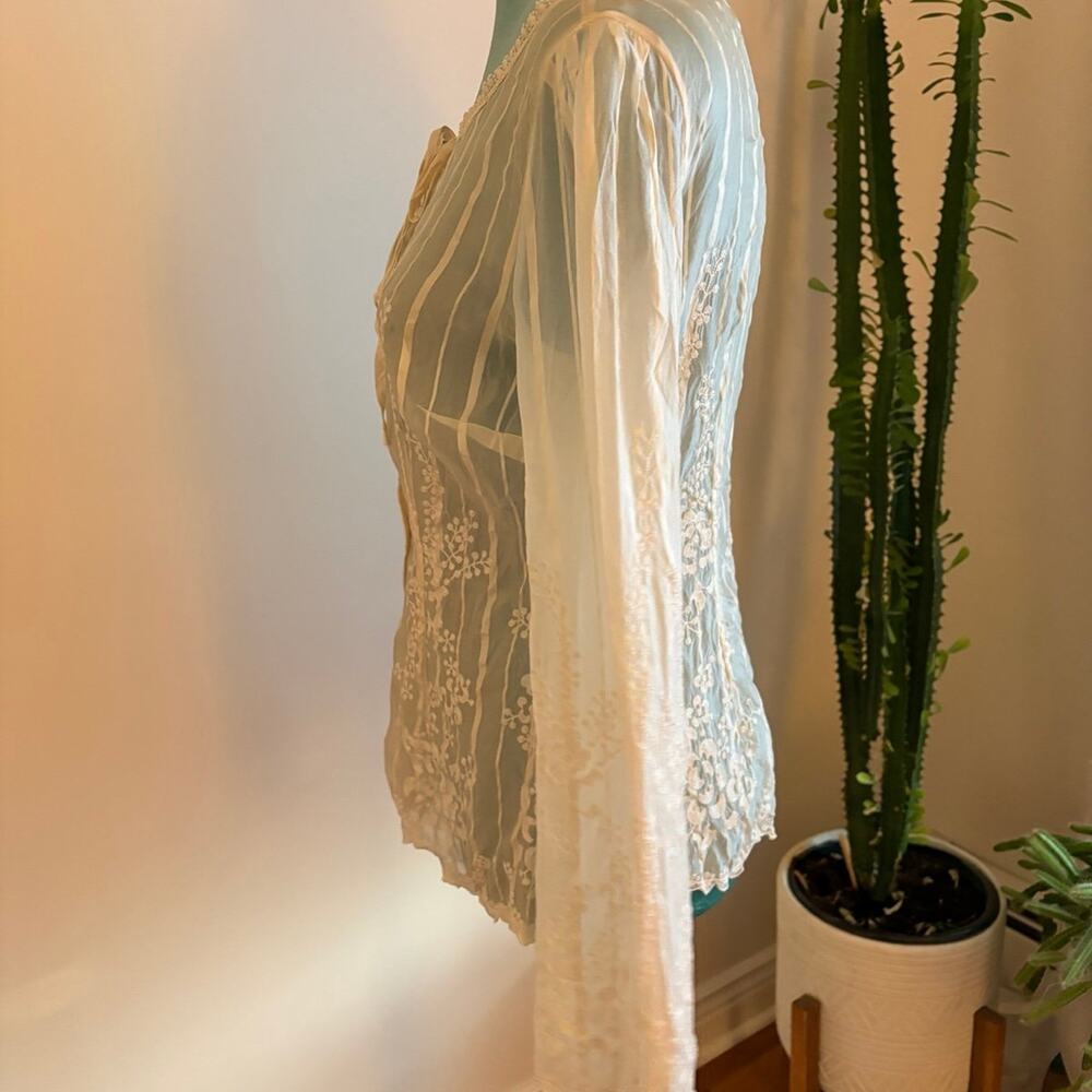 Silk Floral Lace Boho Blouse Cream Embroidered Fairycore Victorian Romantic S - Picture 4 of 12